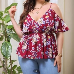 Plus Floral Print Cold Shoulder Peplum Blouse